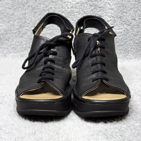 Fly London Jart862Fly Womens Size 37 US 6-6.5 Wedge Sandals Shoes Black Leather - Picture 2 of 10